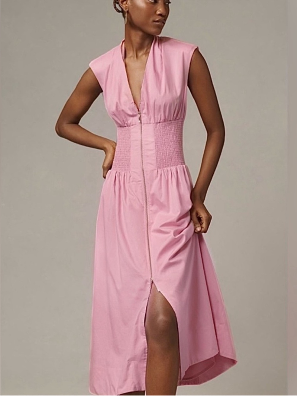 Anthropologie Pink V-Neck Midi Dress with Shirred Waist Panel